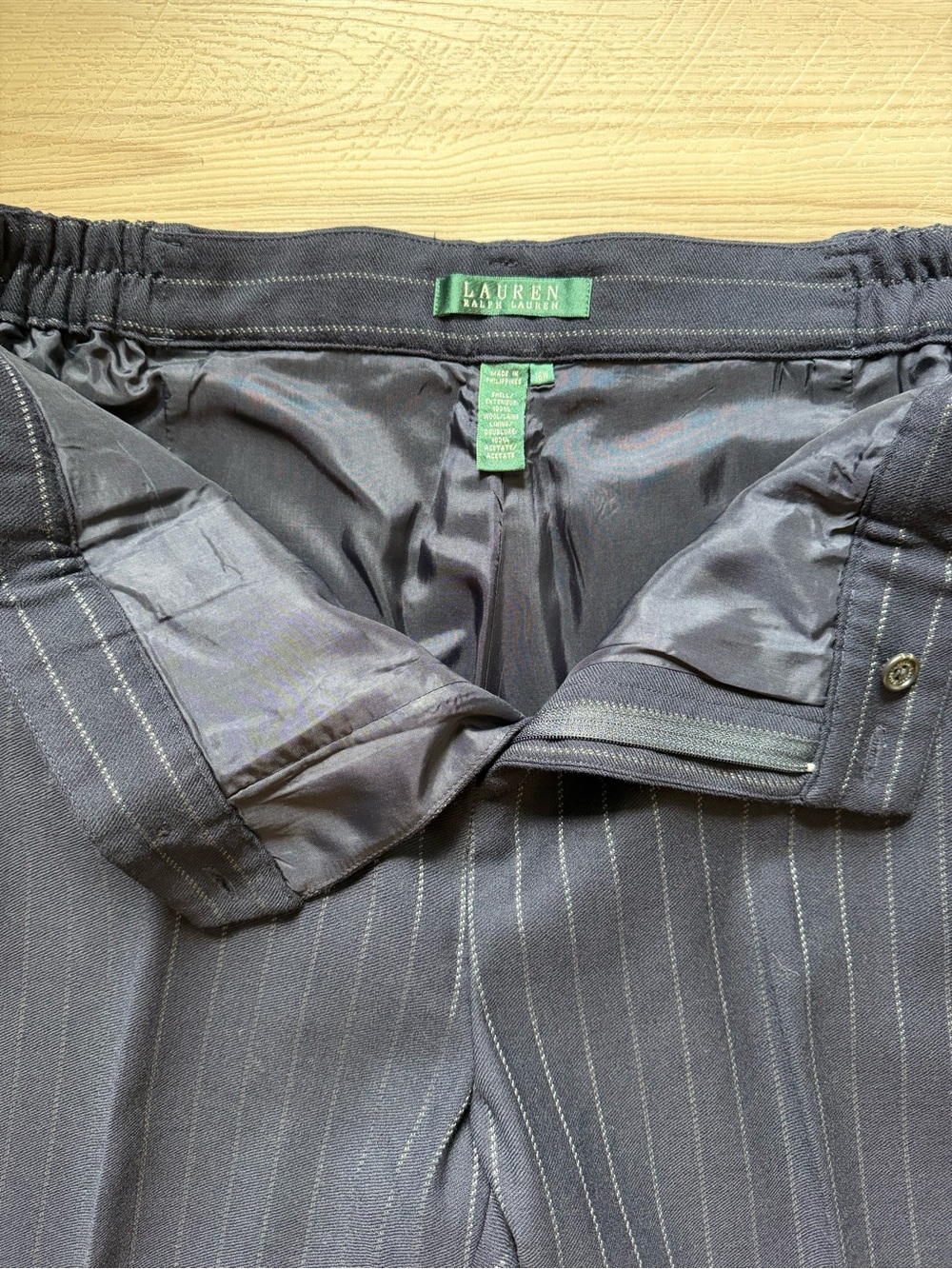 Lauren Ralph Lauren Women’s Navy Wool Pinstriped Trouser Pants Size 16W - Picture 7 of 15